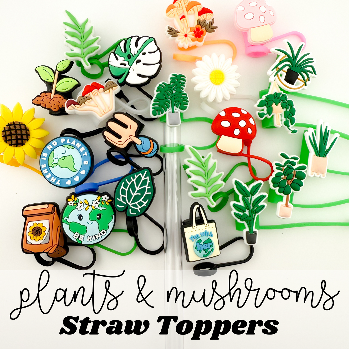 Plant & Mushroom Themed Straw Toppers for Tumblers | Fits 10mm Straws