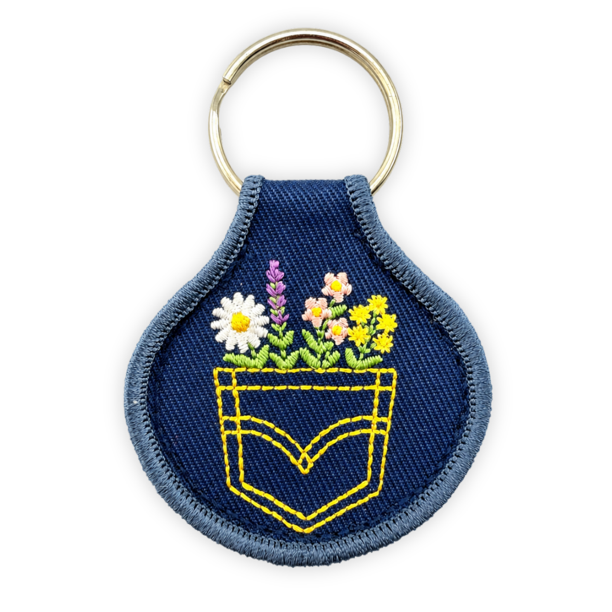 Embroidered Patch Keychain - Denim Pocket Wildflowers