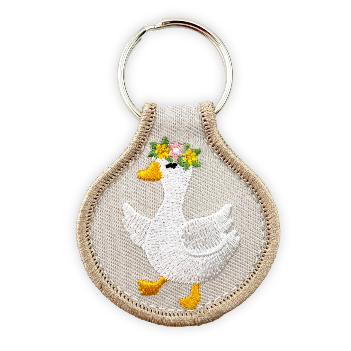 Embroidered Patch Keychain - Whimsical Goose with Flower Crown