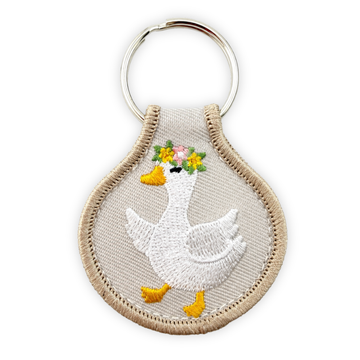 Embroidered Patch Keychain - Whimsical Goose with Flower Crown