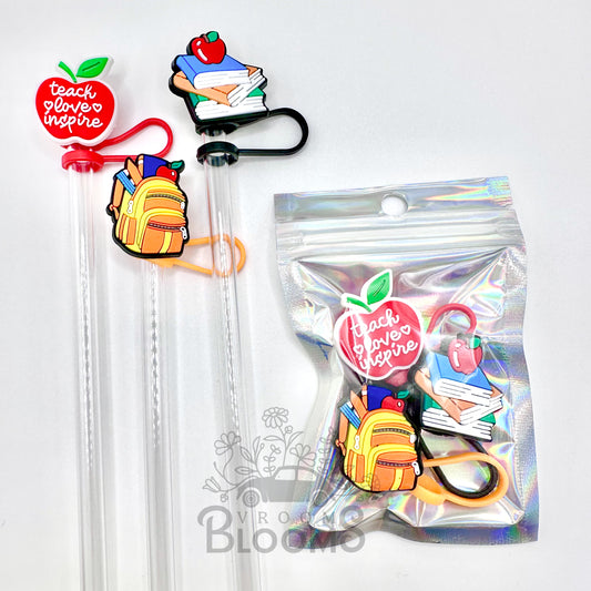 Straw Topper 3 pack - Teach Love Inspire Apple, Teacher Books & Apple, Backpack