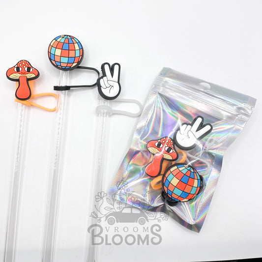 Straw Topper 3 pack - Peace Sign Hand, Disco Ball, Smiley Mushroom