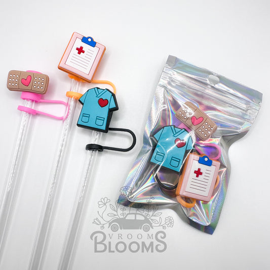 Straw Topper 3 pack - Scrub Top, Med Clipboard, & Bandaid