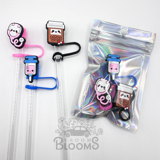 Straw Topper 3 pack - Smiley Stethoscope, Syringe, & Pill Bottle