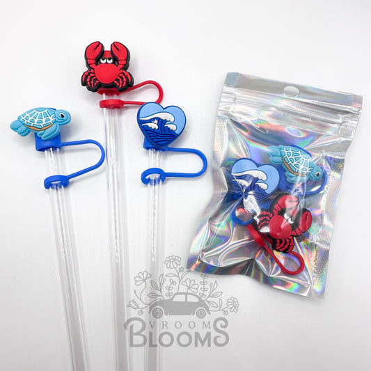 Straw Topper 3 pack - Heart Waves, Crab, & Aqua Turtle