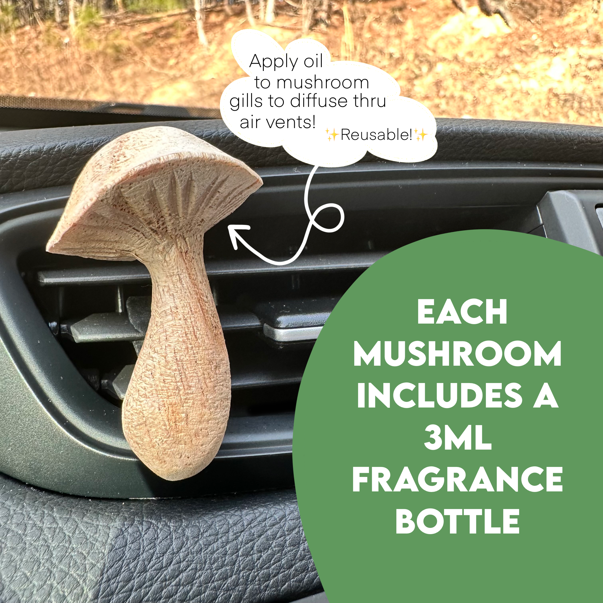 Wood Carved Mushroom Vent Clip Car Air Freshener Diffuser | Reusable & Handmade in the USA